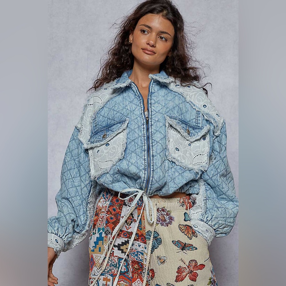 POL “ Sweet Stitch Jacket “ Denim and Lace Quilted Jacket | Denim
